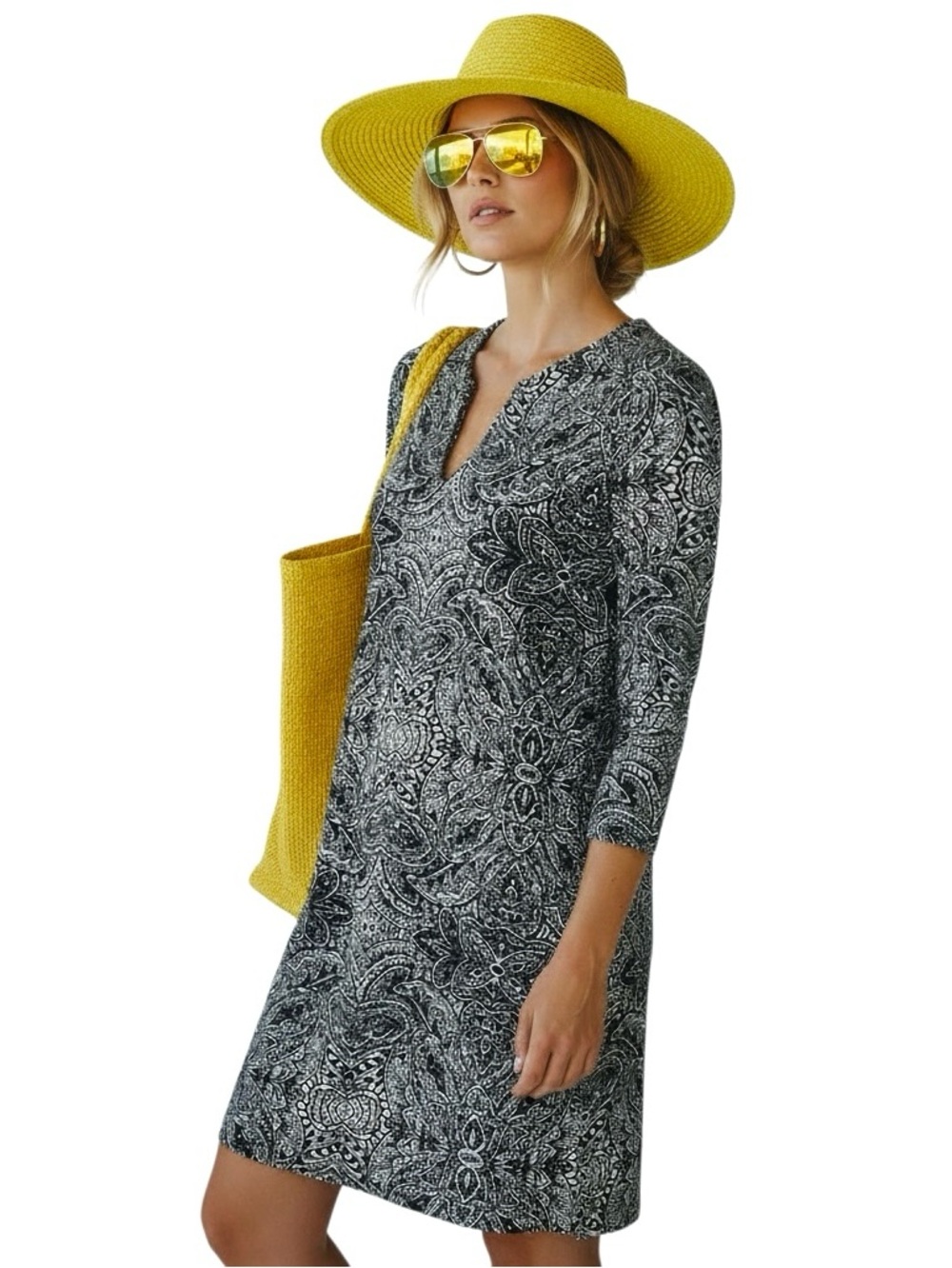 Coolibar Dress UPF 50+ Oceanside Split/Neck Black White Paisley Tunic Sz XS